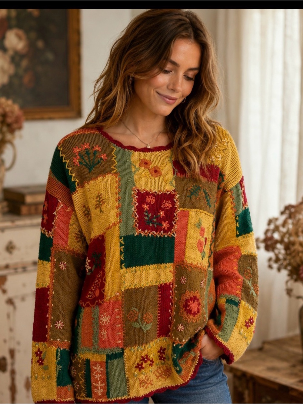 Vintage 90s Hunters Run Patchwork Embroidered Cottagecore Sweater M Boho Autumn